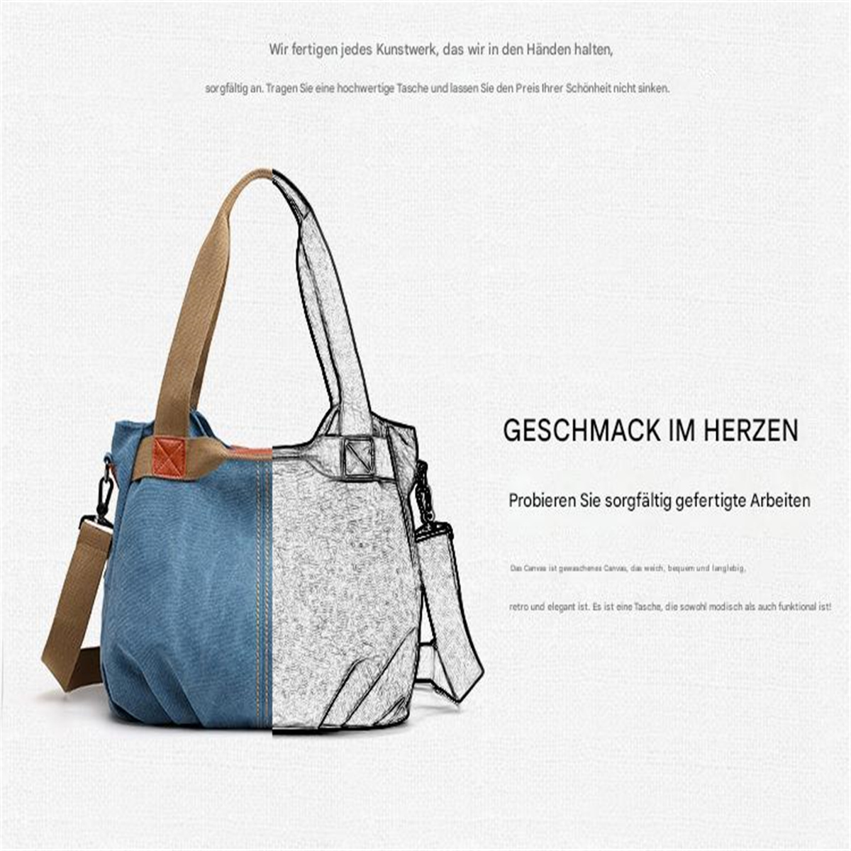 Eine blau-braune Handtasche mit Skizzenüberlagerung. Text auf Deutsch ist enthalten.