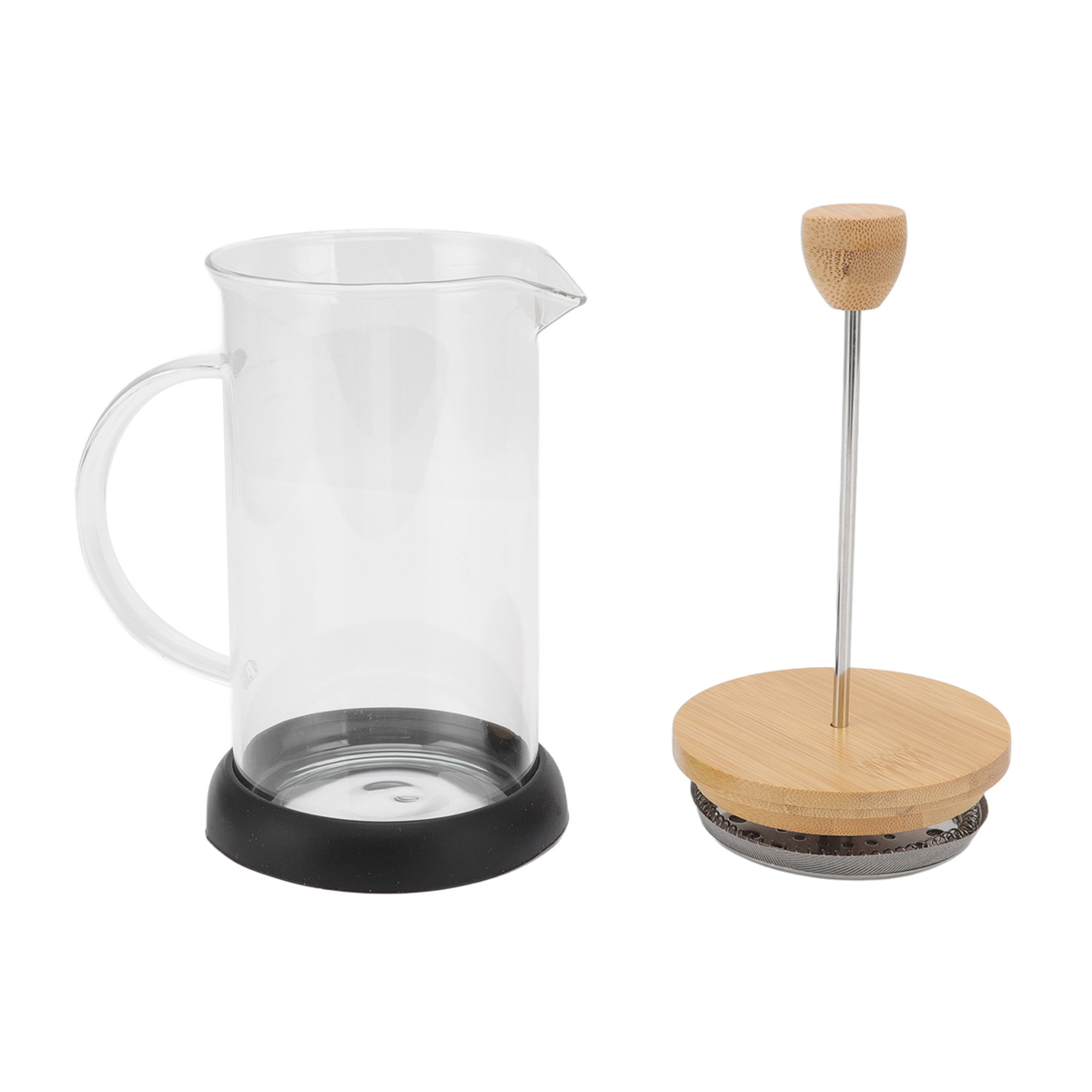Französische Kaffeepresse aus Glas mit Holzdeckel und Griff sowie schwarzem Sockel.
