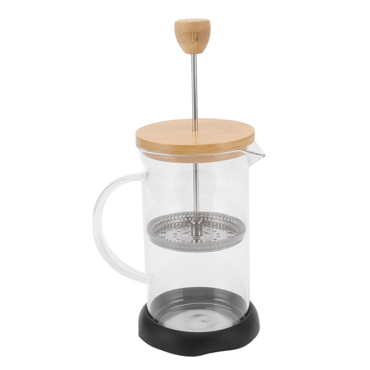 Französische Kaffeepresse aus Glas mit Holzdeckel und Metallfilter innen.