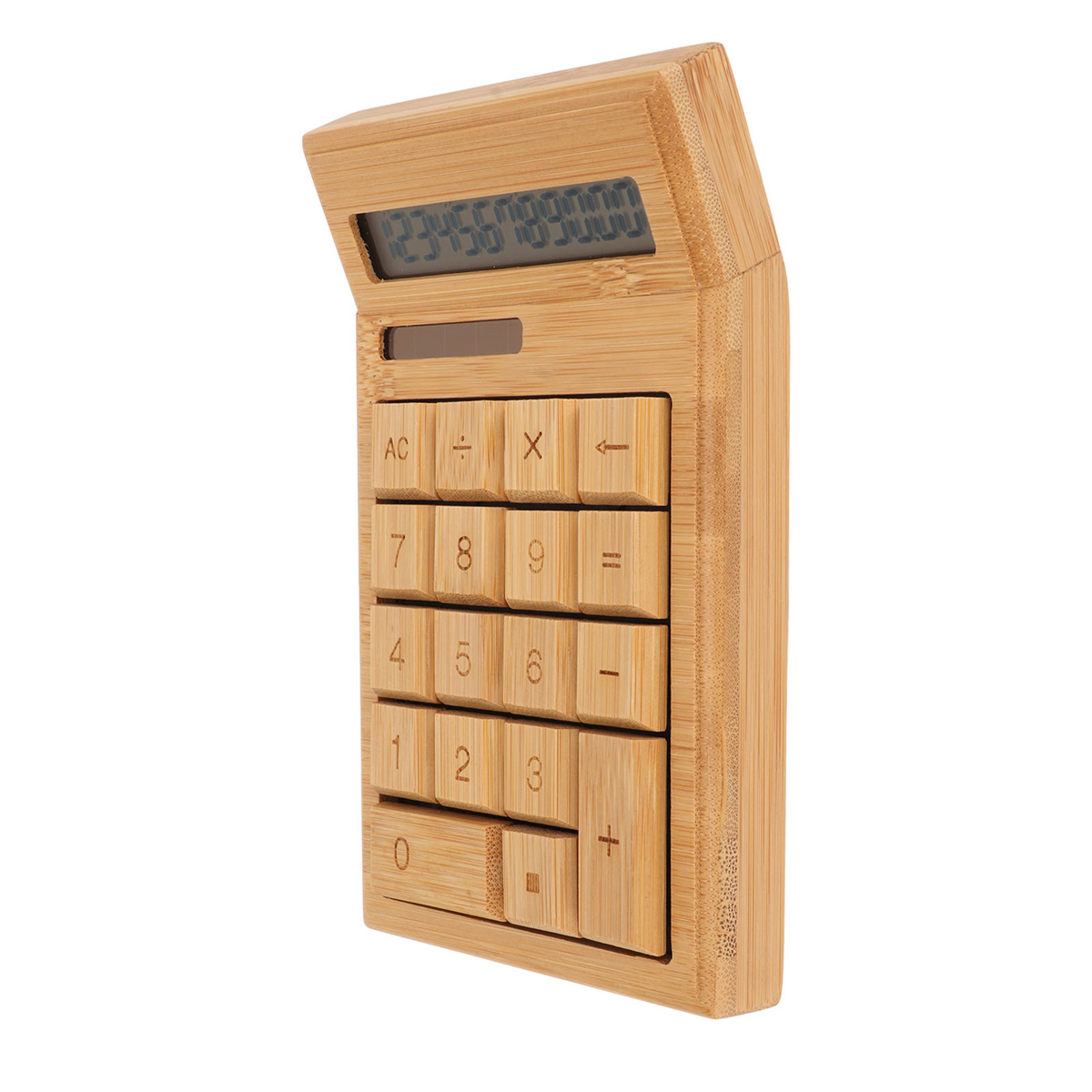 Holzrechner mit Display. Tasten: AC, Division, Multiplikation und Zahlen.