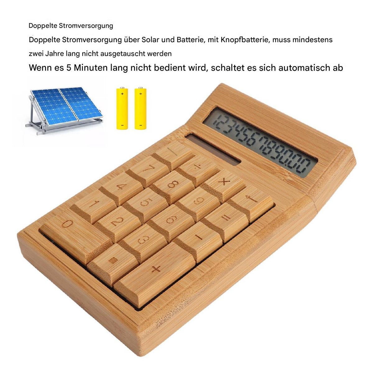 Ein Holzrechner mit Solar- und Batteriestrom. Er hat große Holzknöpfe und eine digitale Anzeige.