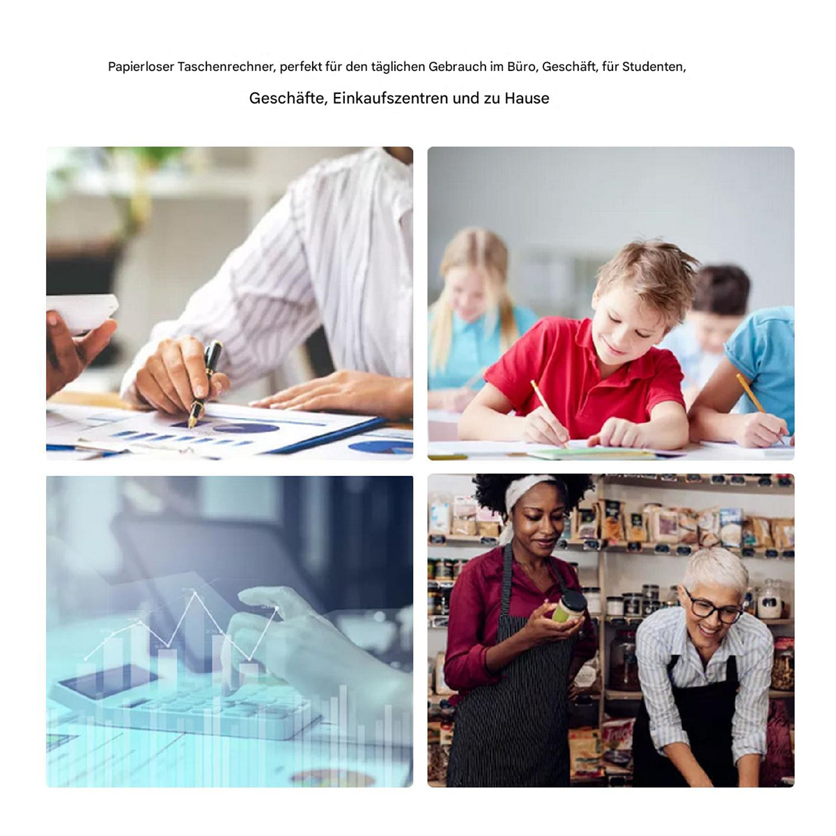 Collage von Menschen in Büro-, Schul- und Geschäftsumgebungen. Vielfältige Personen und Aktivitäten.