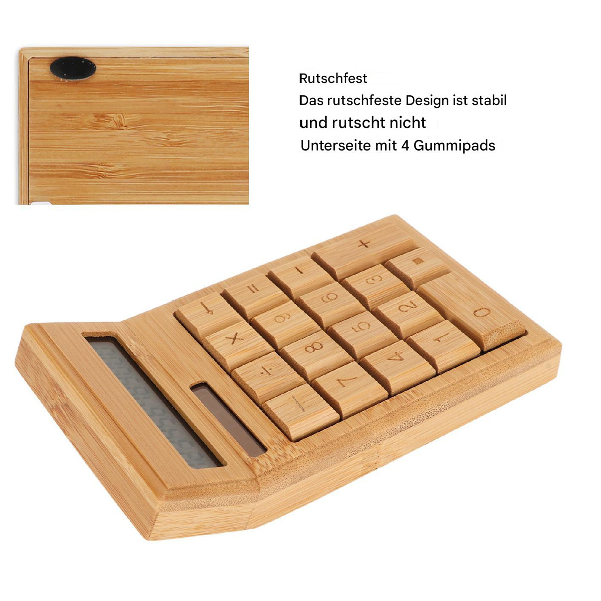 Ein Holzrechner mit quadratischen Holztasten. Der Einsatz zeigt eine Holzoberfläche, rutschfestes Design.