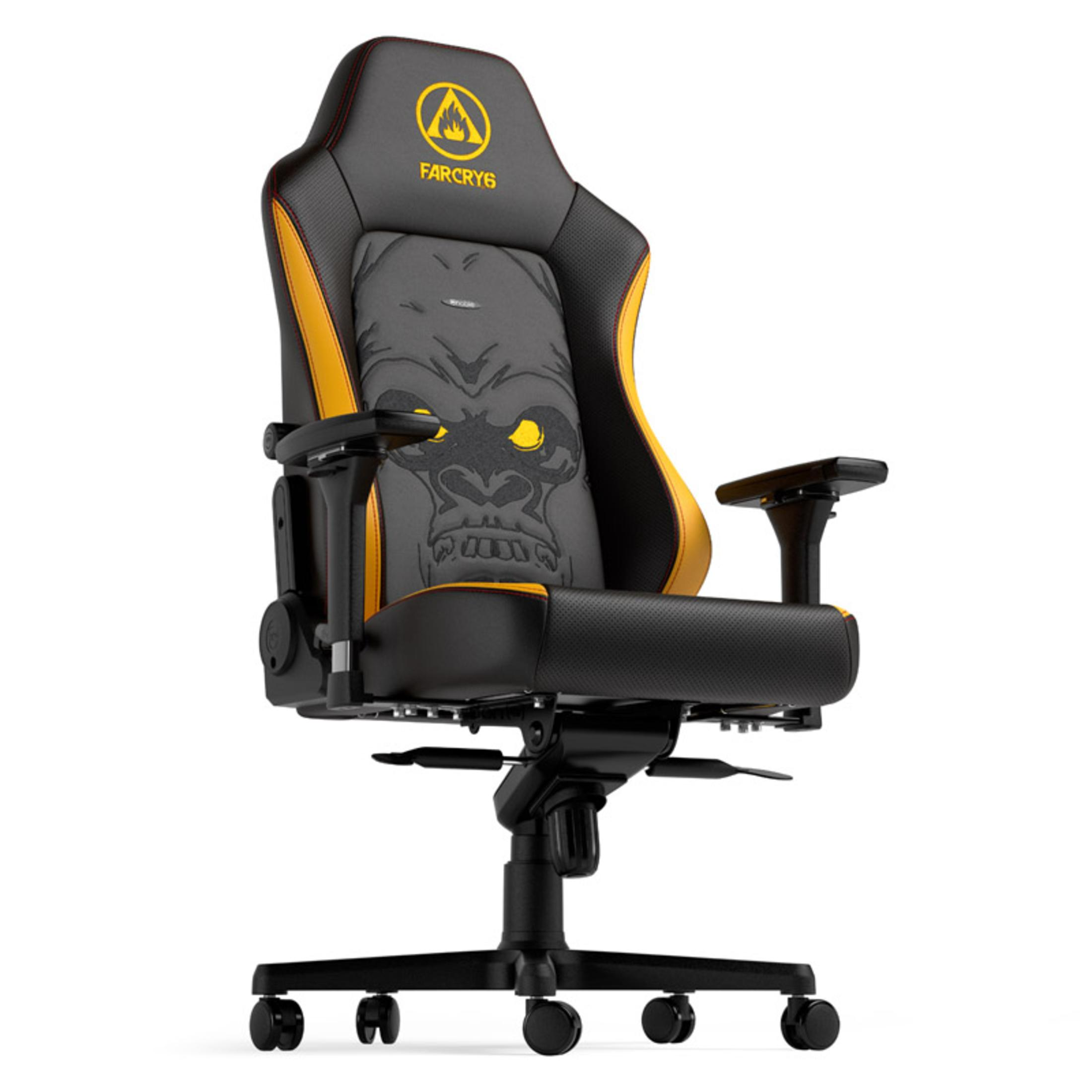Gaming-Stuhl mit Gorillagesicht auf der Rückenlehne. Gelbe und schwarze Farben, Logo oben.