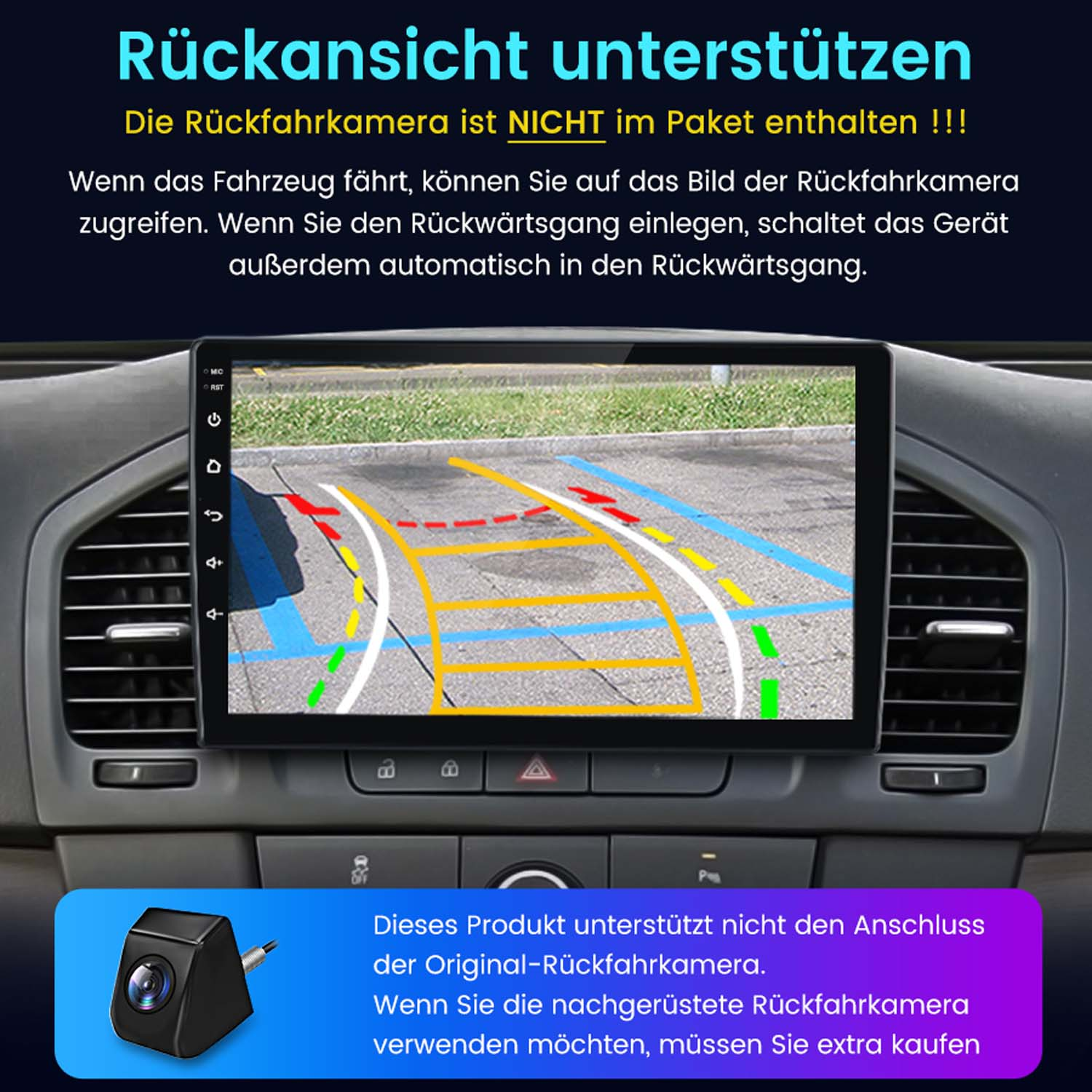 Auto-Bildschirmanzeige. Text auf Deutsch über Rückfahrkamera-Funktionen.