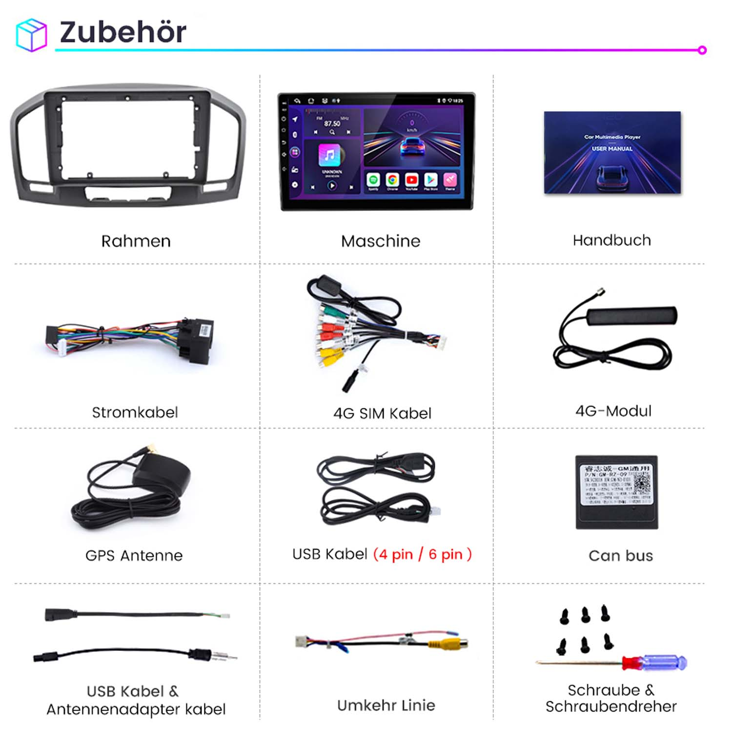 Multimedia-Zubehör für Autos. Enthält einen Rahmen, eine Maschine, USB-Kabel und andere Komponenten.