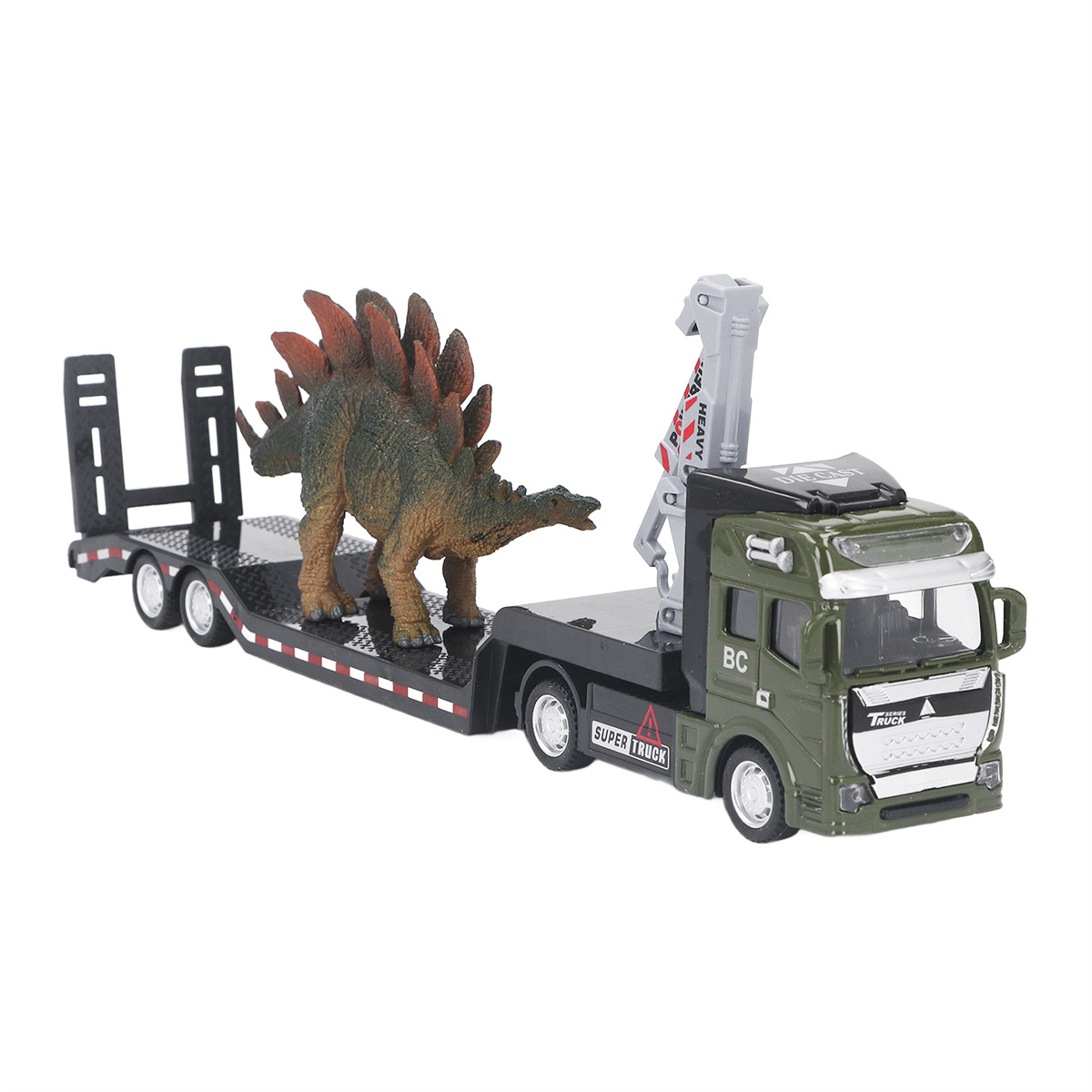 Ein grüner und schwarzer LKW mit einem Dinosaurier-Spielzeug auf dem Anhänger.
