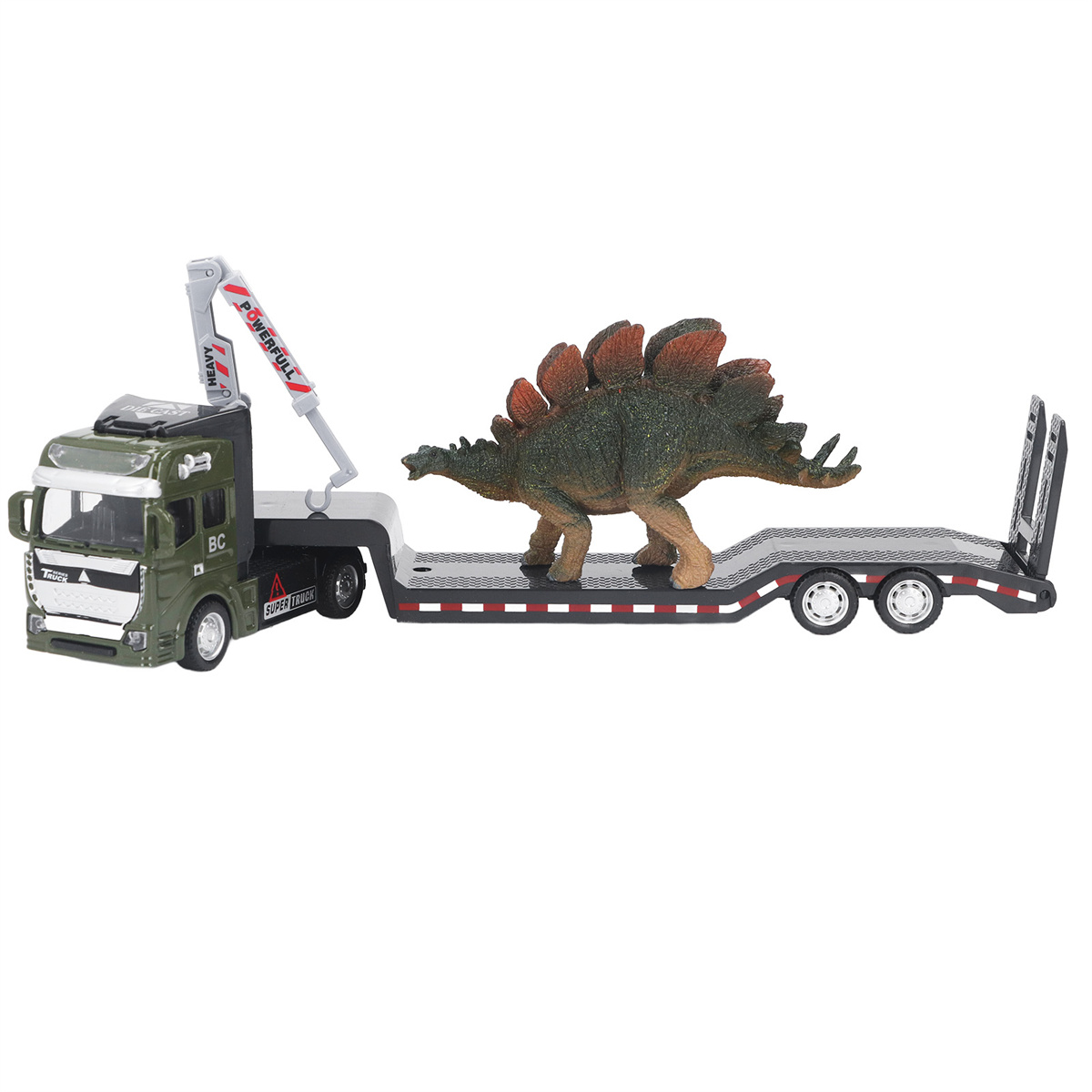 Ein Spielzeug-LKW transportiert einen Dinosaurier. Der LKW ist grün und hat einen Kran. Der Dinosaurier ist grün und braun.