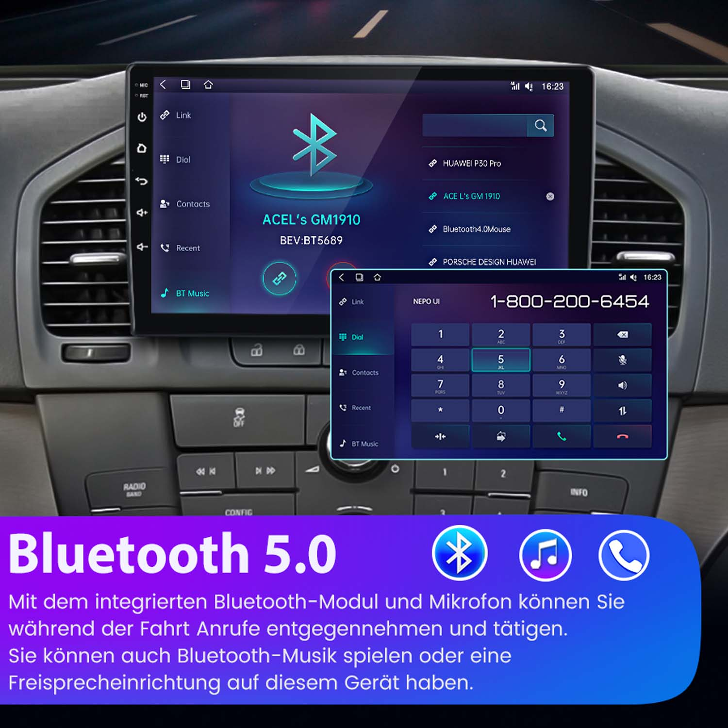 Panel samochodowy z ekranem, telefonem i interfejsem wybierania. Wyświetlany jest Bluetooth 5.0.