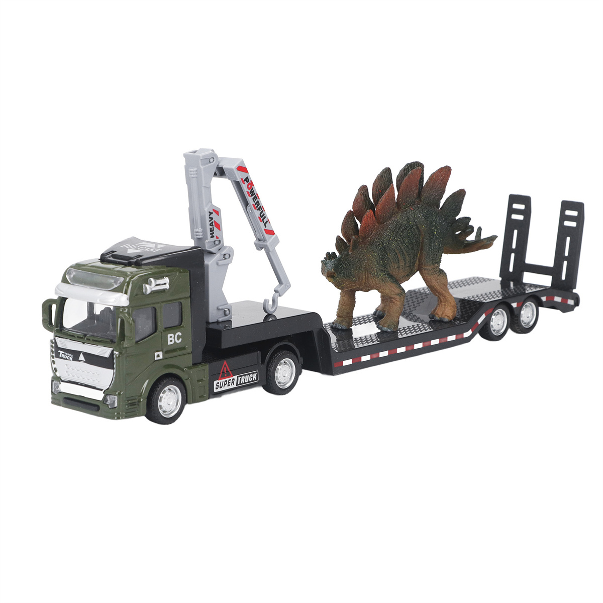 Spielzeug-LKW mit Dinosaurier. Der LKW ist grün, weiß und hat einen Kran.