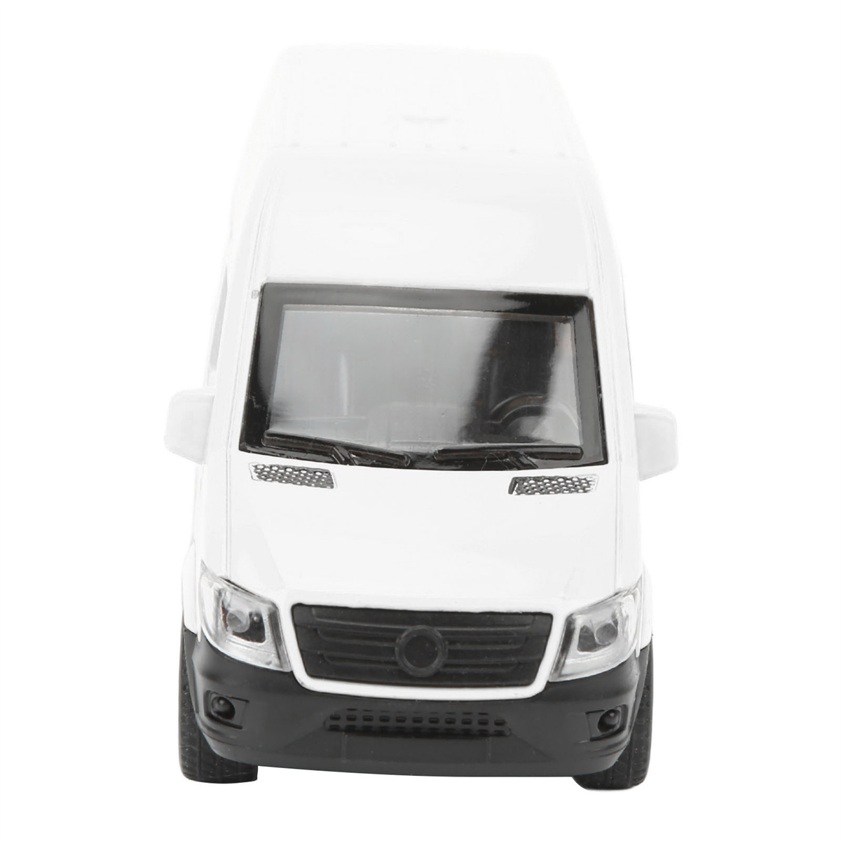Weißer Transporter. Der Transporter hat schwarze Details, eine schwarze Stoßstange und Lichter.