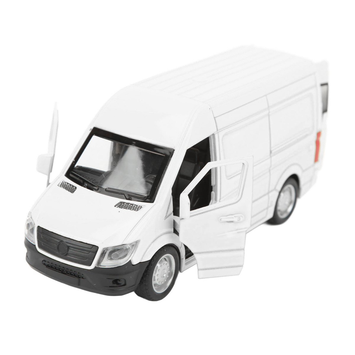 Ein weißes Modell eines Transporters mit geöffneten Türen, isoliert auf weißem Hintergrund.