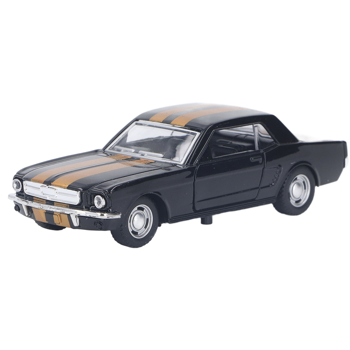 Schwarzes Oldtimer-Auto mit goldenen Streifen auf weißem Hintergrund.