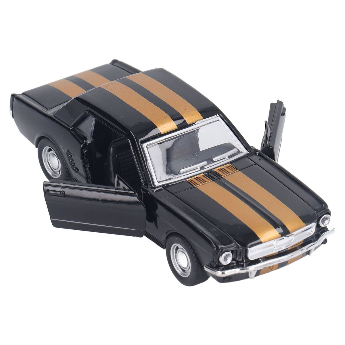 Schwarz-goldenes Spielzeugauto, ein klassischer Mustang, mit offenen Türen, auf weißem Grund.
