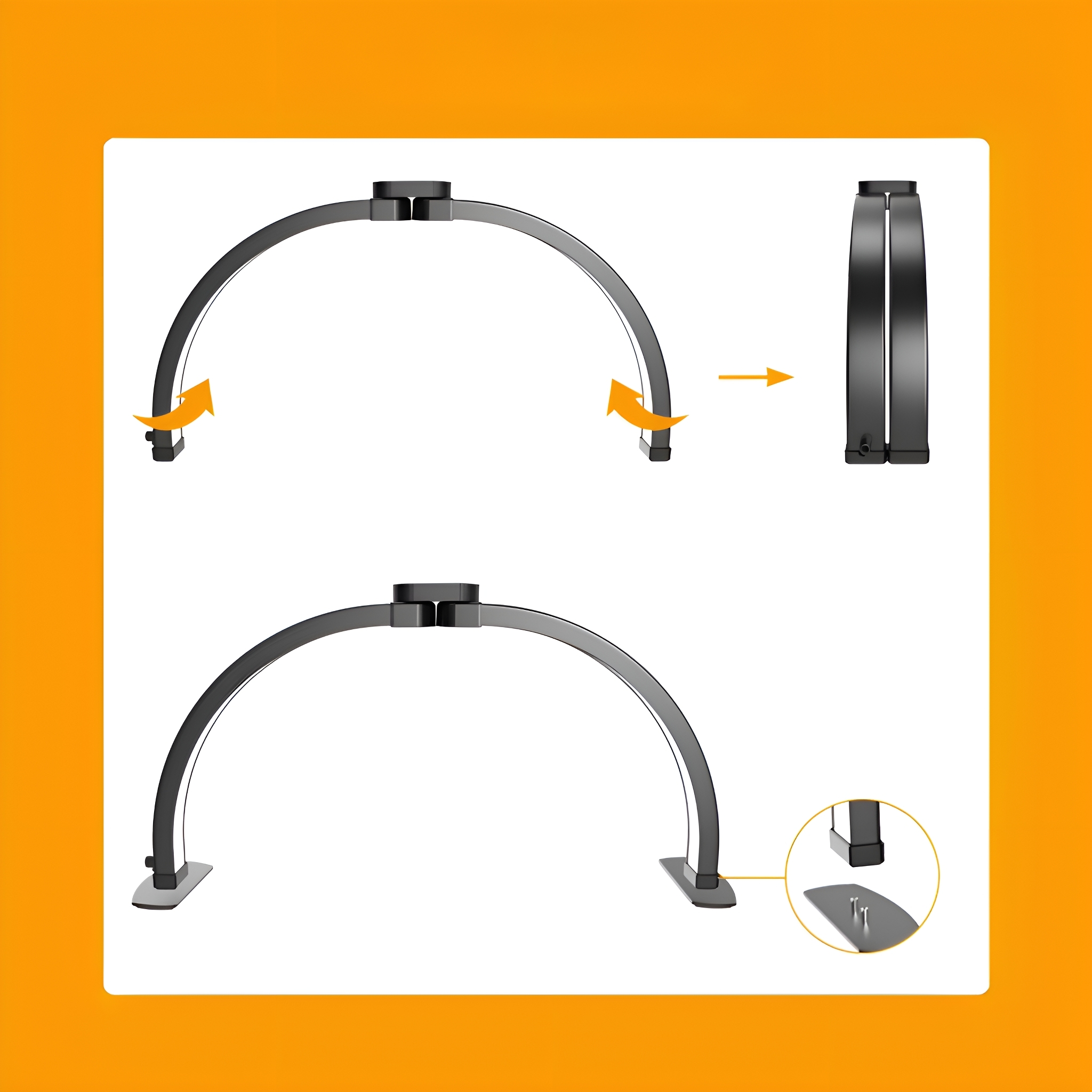 Diagramm, das zeigt, wie man zwei gebogene, dunkelgraue Metallstücke zu einem Bogen verbindet.