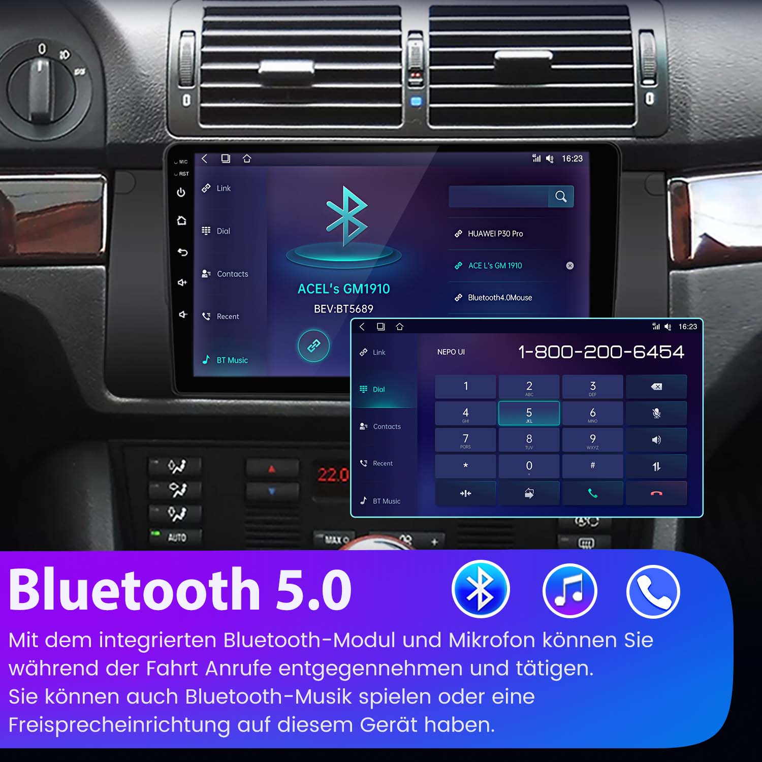 Ekran radia samochodowego z funkcjami Bluetooth i klawiaturą. Pokazuje rozmowę telefoniczną.