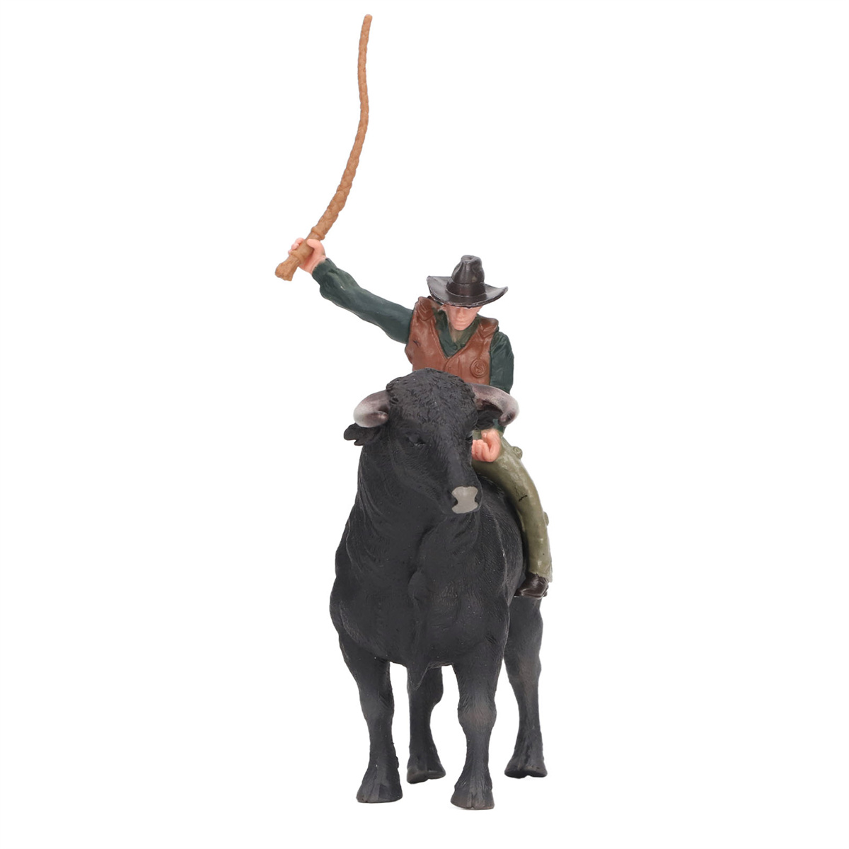 Ein Cowboy reitet einen schwarzen Bullen, hält eine Peitsche. Weißer Hintergrund.
