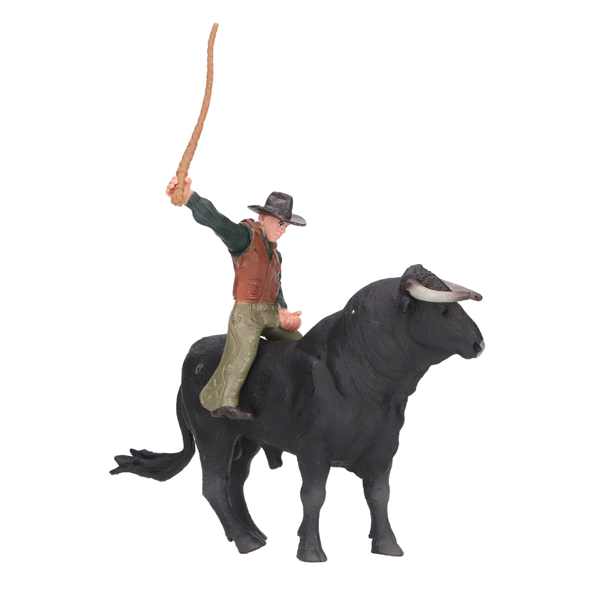 Spielfigur eines Mannes, der einen Bullen reitet und eine Peitsche hält.