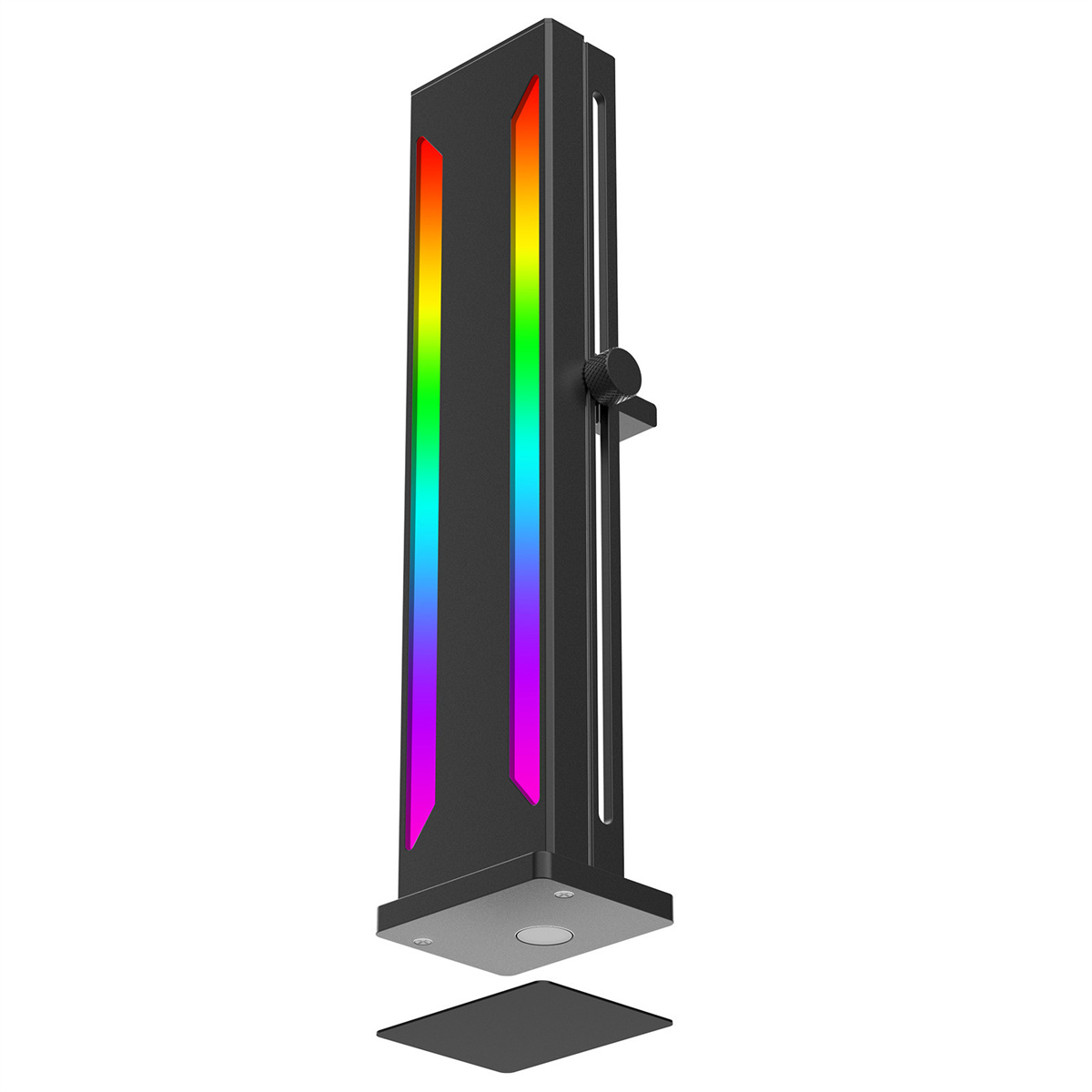 Ein schwarzer Computerständer mit RGB-Lichtern auf der Vorderseite.