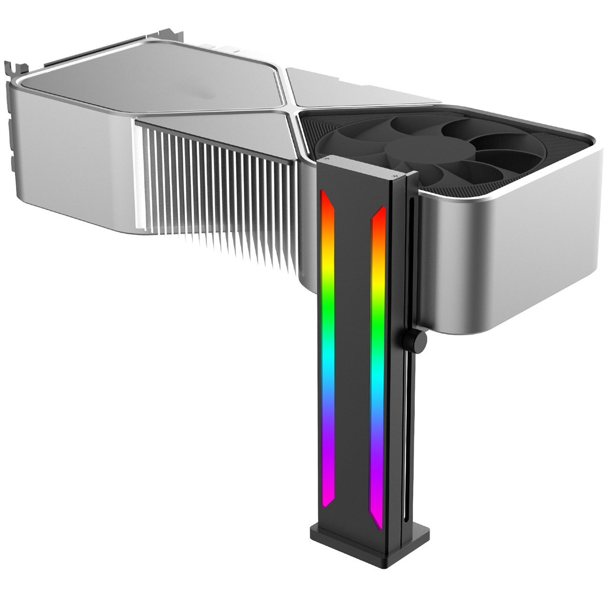 Silberne und schwarze Computer-Grafikkarte mit RGB-Beleuchtung.