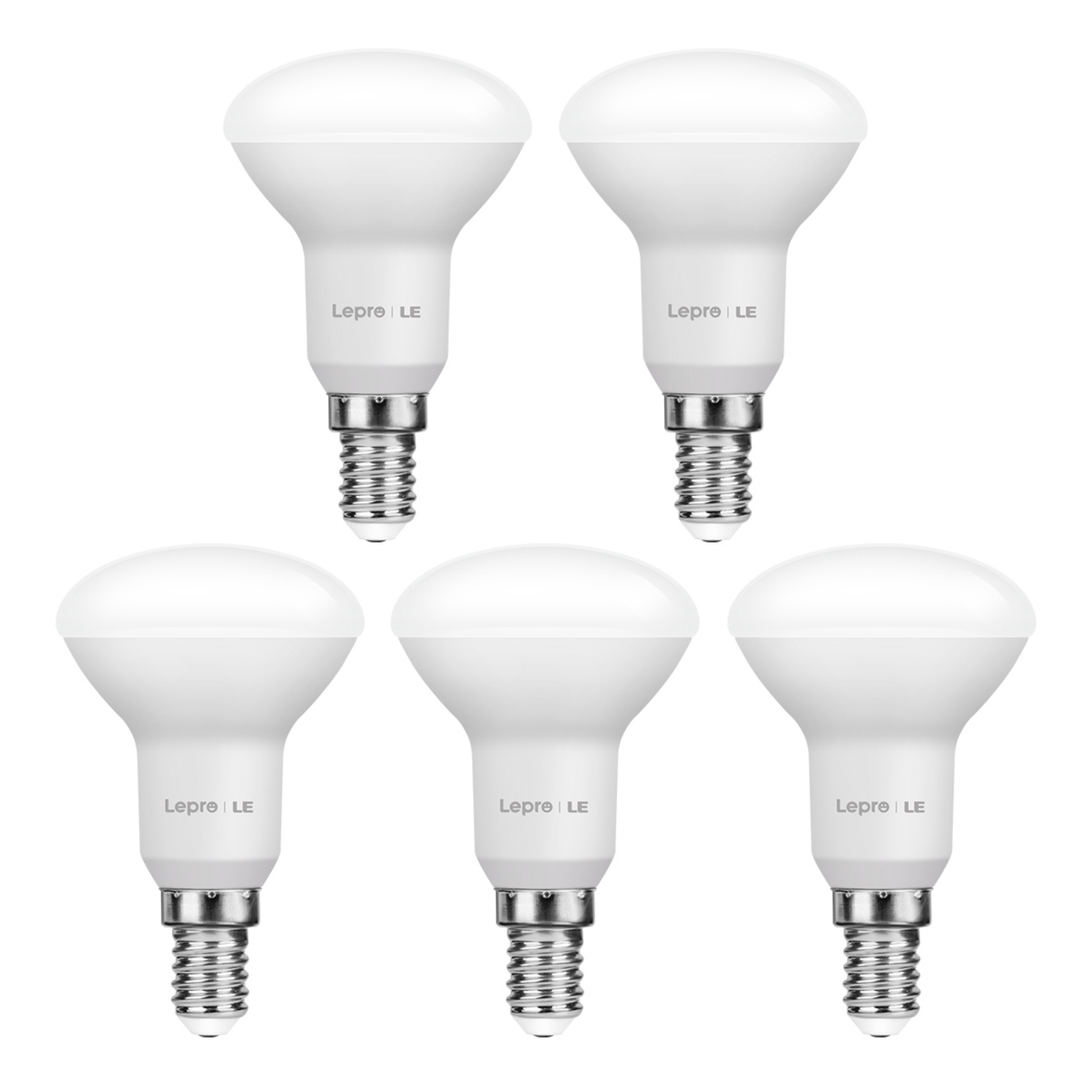 Cinque lampadine LED bianche, ognuna con il marchio Lepre.