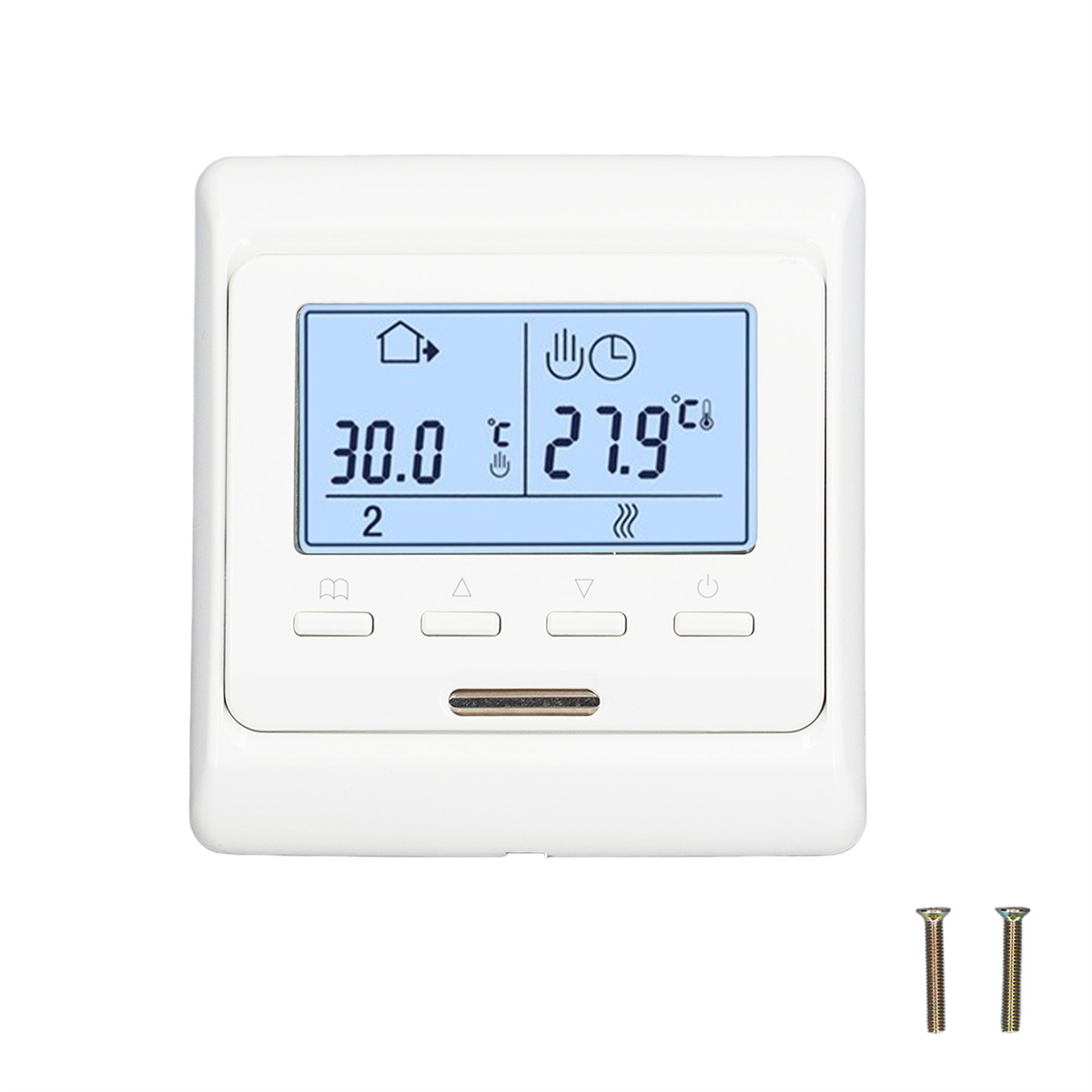 Weißes Thermostat mit Digitalanzeige, die Temperatur, Haus- und Pfeilsymbole anzeigt. Zwei Schrauben darunter.