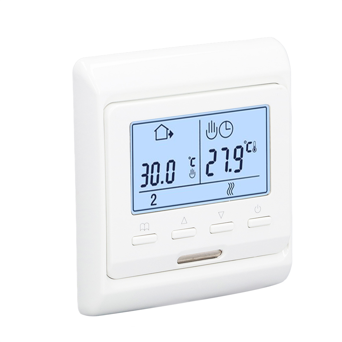 Ein weißes Thermostat mit digitaler Anzeige. Es zeigt Temperatur und Steuerungssymbole an.