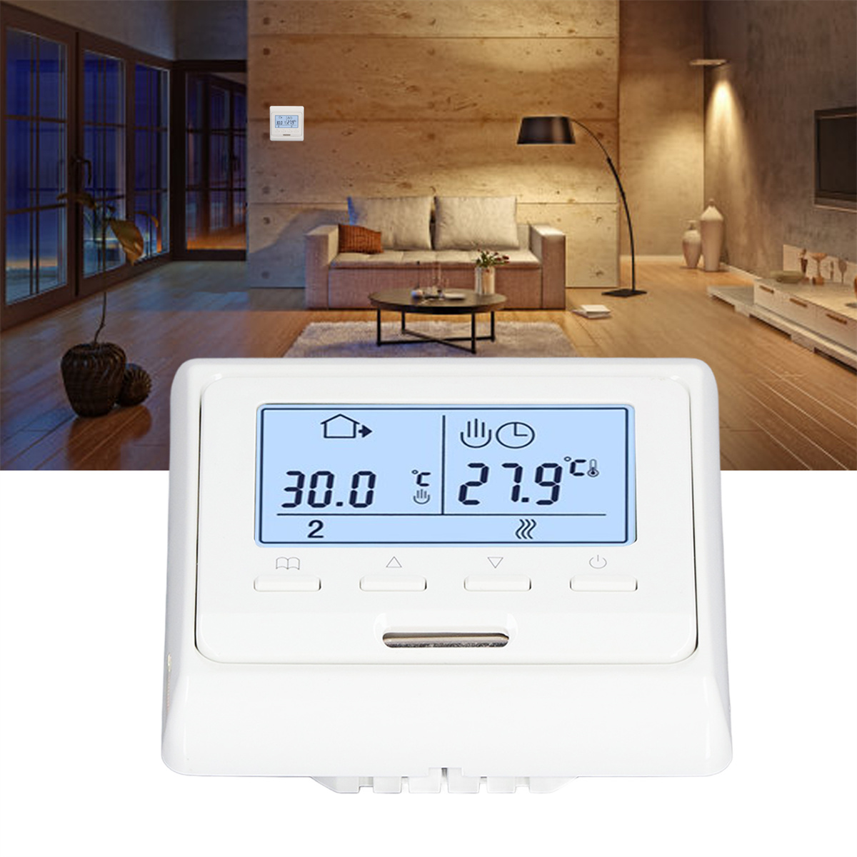 Ein weißer Thermostat mit blauem Bildschirm, Temperaturanzeigen und Wohnzimmerhintergrund.