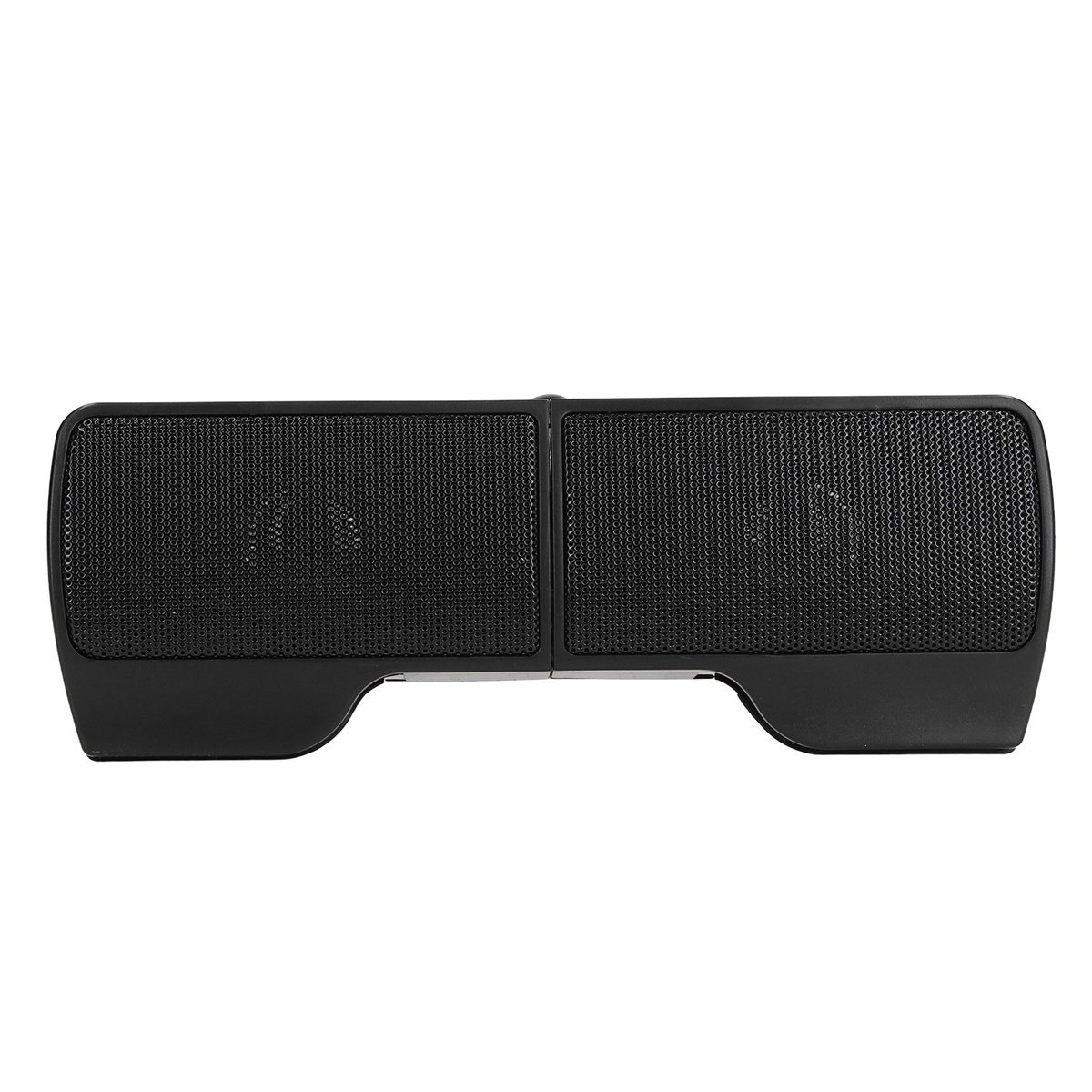 Eine lange, schwarze Soundbar auf weißem Untergrund. Sie hat zwei Lautsprecherbereiche und ein Mesh-Design.