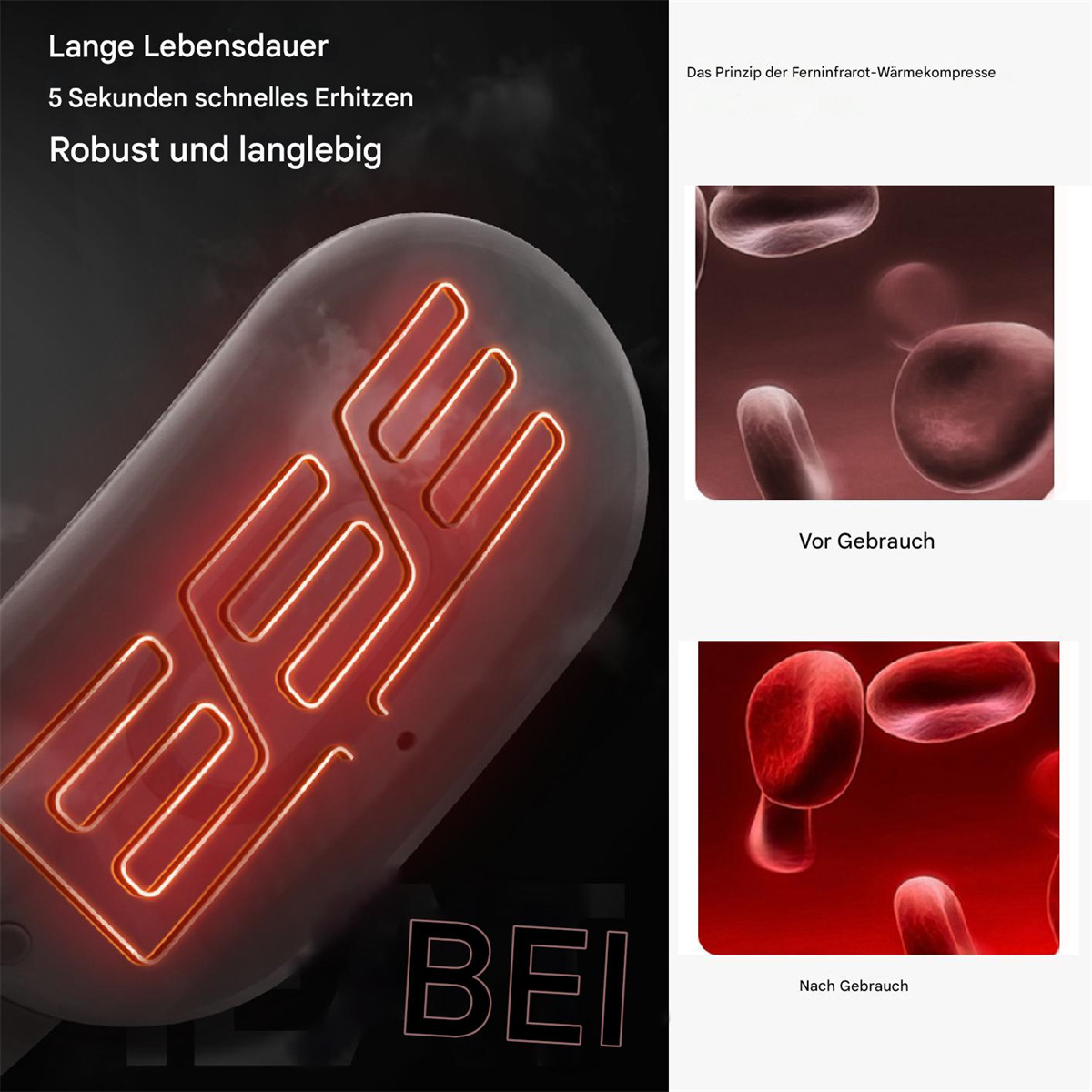 Wärmekissen mit Text und Bildern. Roter und dunkler Hintergrund.