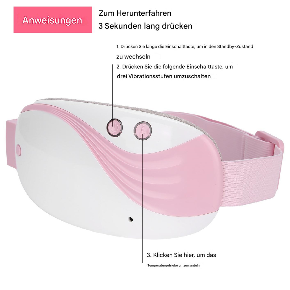 Ein weißes und rosa Augenmassagegerät mit Knöpfen und Anweisungen auf Deutsch.