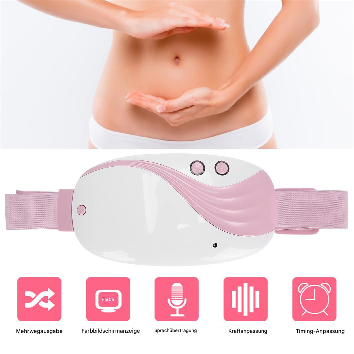 Rosa-weißes Bauchmassagegerät mit Symbolen. Bauch einer Frau im Hintergrund.
