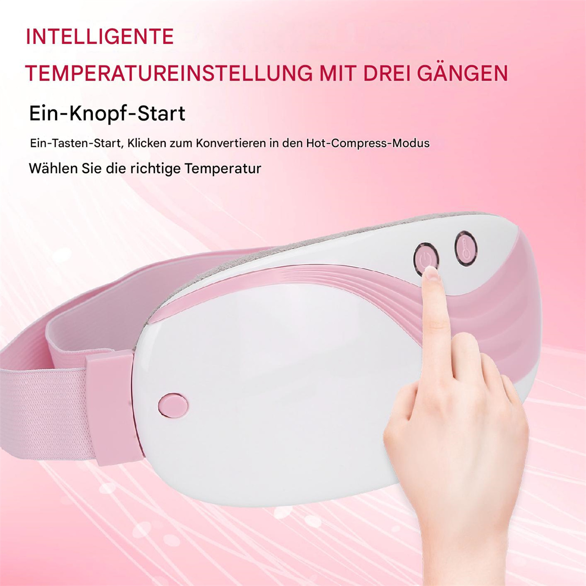 Eine Hand drückt einen rosa Knopf auf einem weißen, rosa und grauen Augenmassagegerät. Text auf Deutsch sichtbar.
