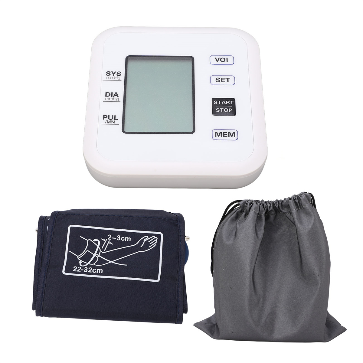 Digitales Blutdruckmessgerät mit Display und Manschette. Eine graue Tasche ist auch enthalten.