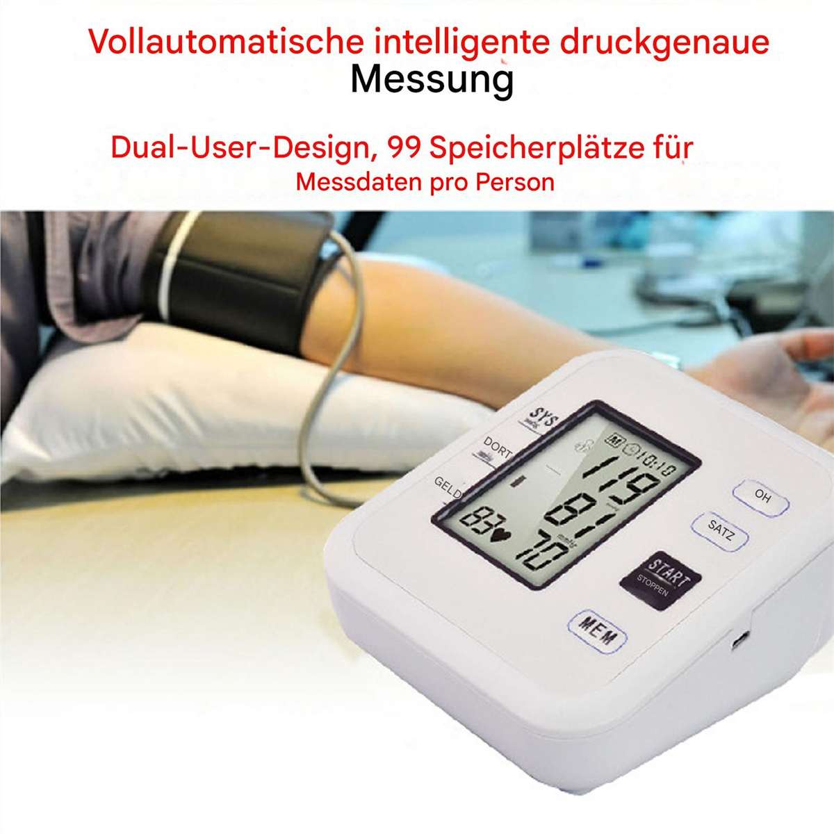 Blutdruckmessgerät mit Display und Arm einer Person mit Manschette.