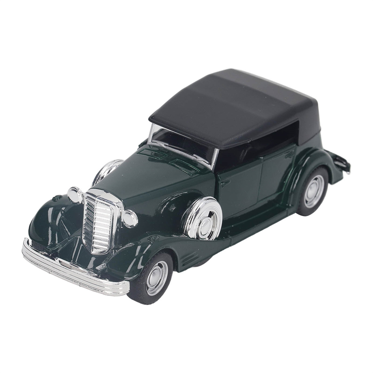 Grünes klassisches Spielzeugauto mit schwarzem Dach, auf weißem Hintergrund, Studioaufnahme.