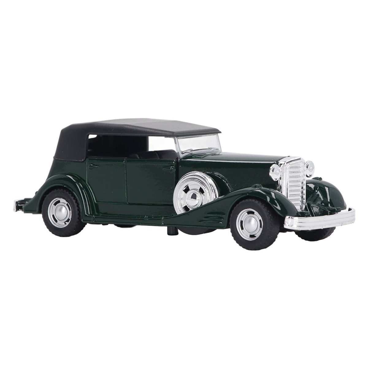 Grünes klassisches Spielzeugauto mit schwarzem Dach, Chromrädern und weißem Hintergrund.