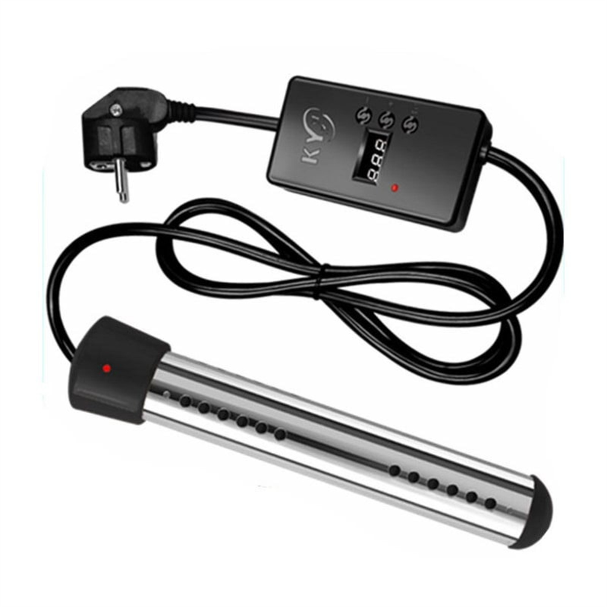 Silberner elektrischer Wasserkocher mit digitalem Bedienfeld und schwarzem Stecker.