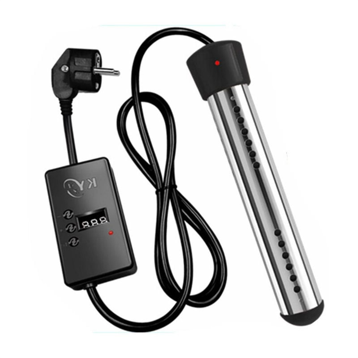 Ein metallischer Tauchwasserheizer mit Steuerbox, Stecker und roter Kontrollleuchte.