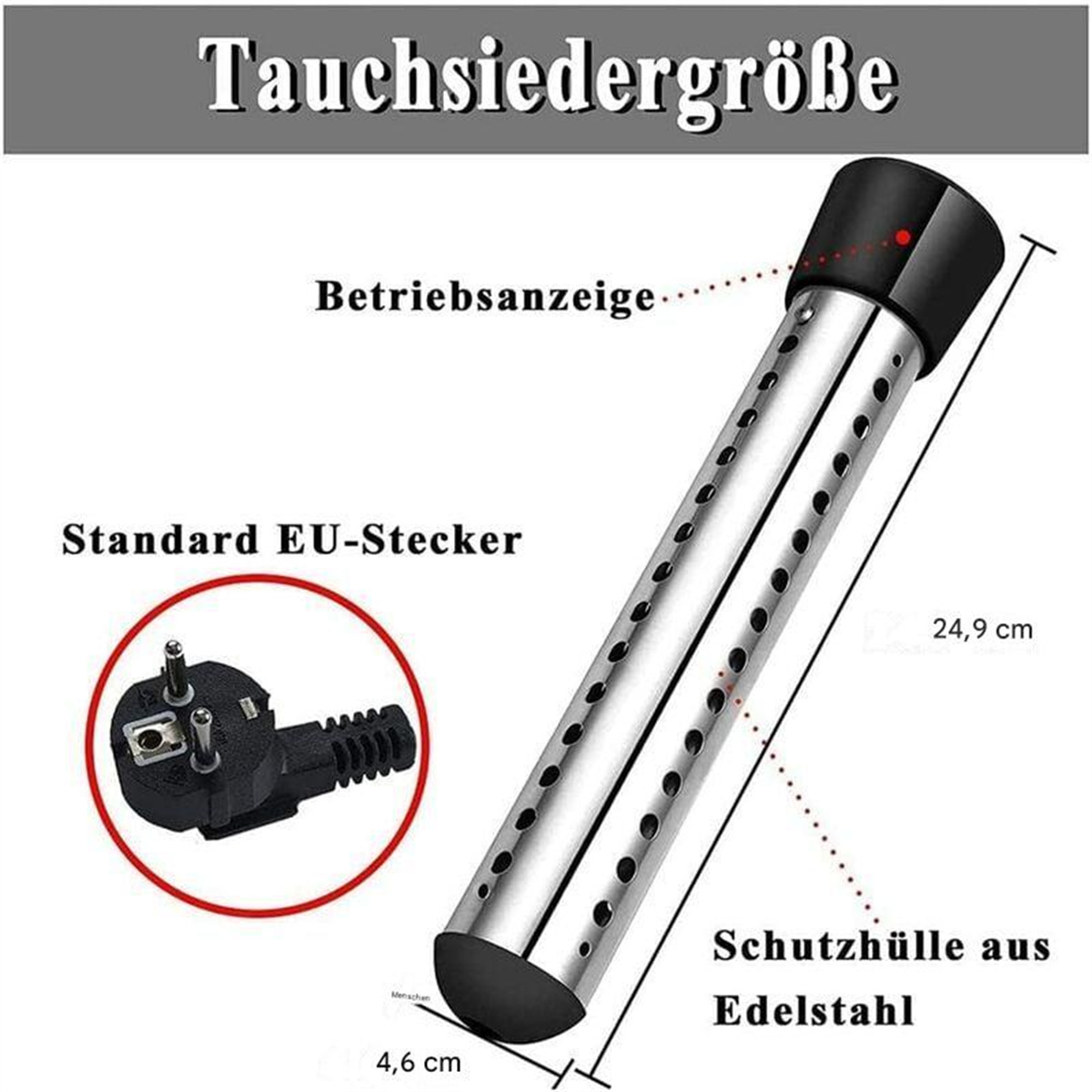 Tauchheizkörper mit Standard-EU-Stecker, dargestellt mit Abmessungen in cm.