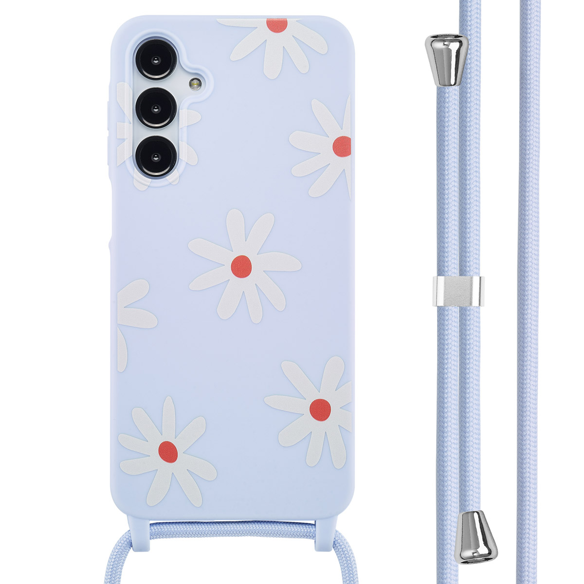 Une coque de téléphone bleu clair avec des motifs de marguerites blanches et une lanière assortie.