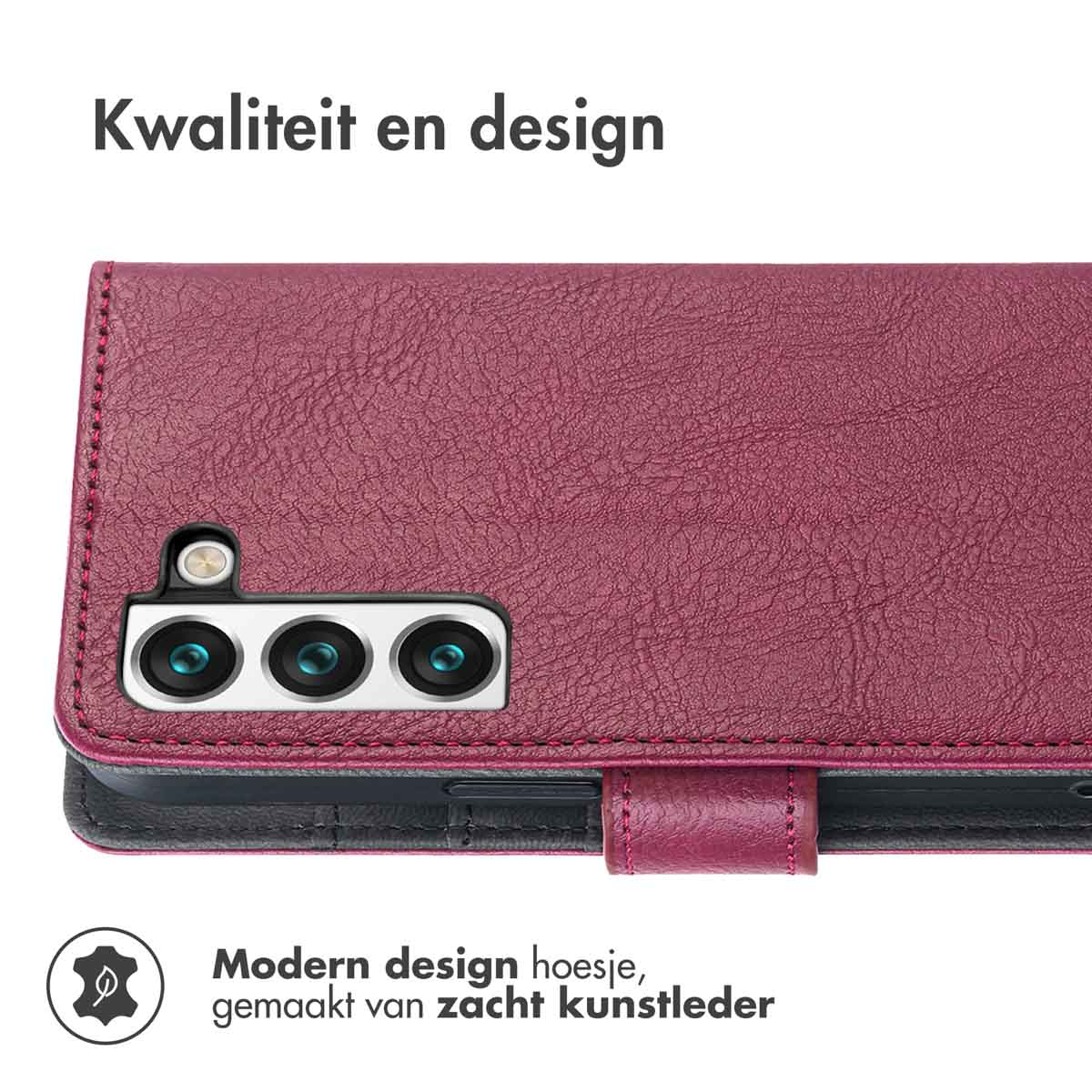 Étui de téléphone bordeaux montrant un téléphone et des emplacements pour cartes de crédit.