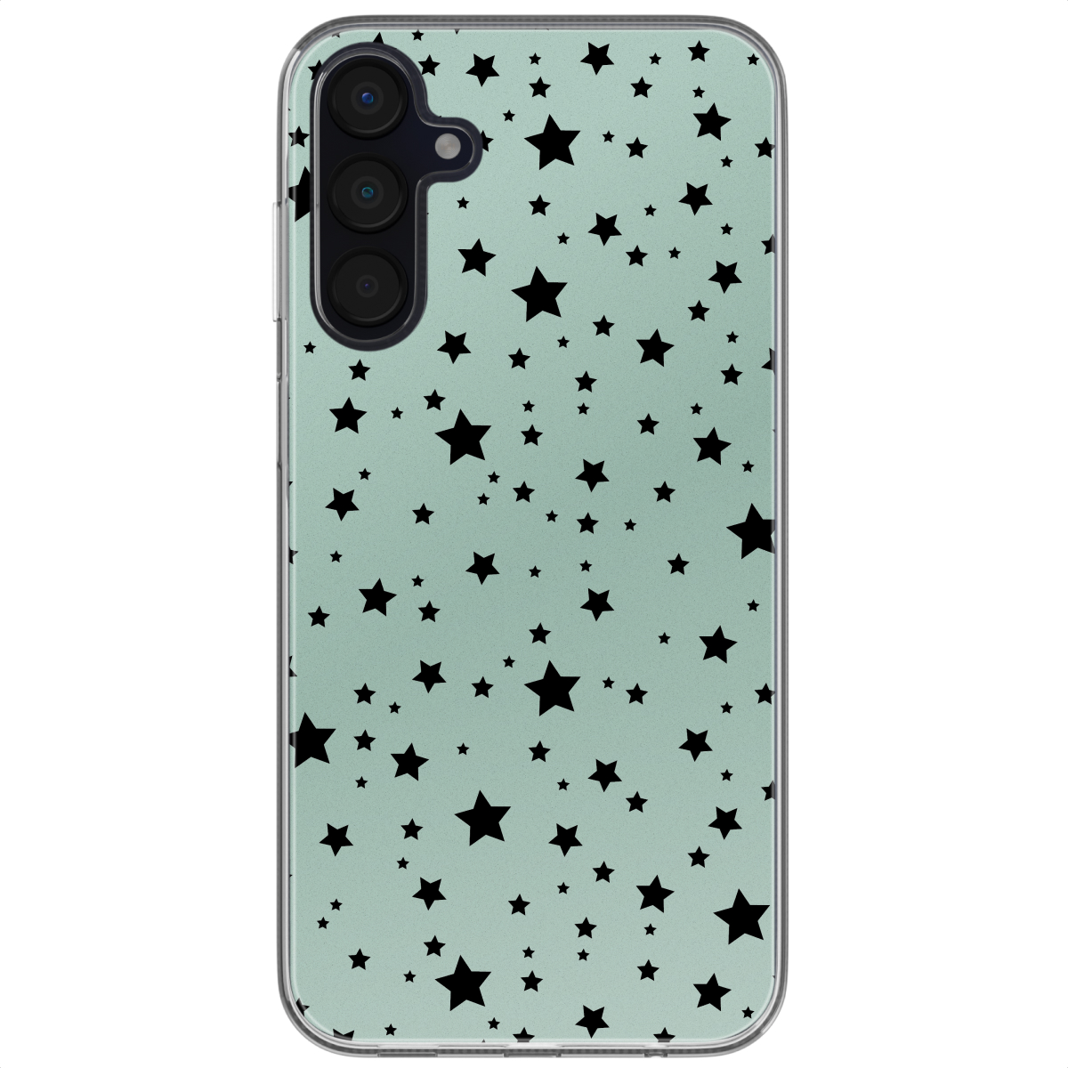 Coque transparente avec un motif d'étoiles noires sur fond vert clair.