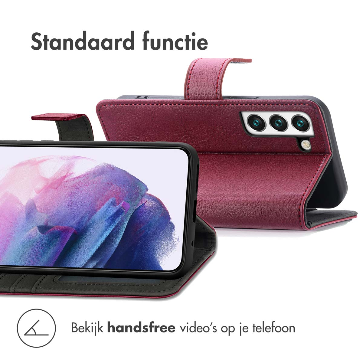 Une coque de téléphone rouge avec un téléphone à l'intérieur, montrant le téléphone ouvert sur une surface blanche.
