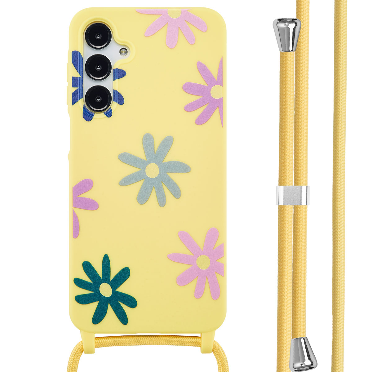 Gele telefoonhoes met bloemenpatronen en een bijpassend geel koord.