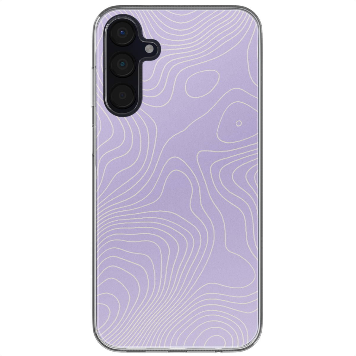 Une coque de téléphone avec un fond lilas et des lignes blanches fluides. La coque a une découpe pour l'appareil photo et est transparente.