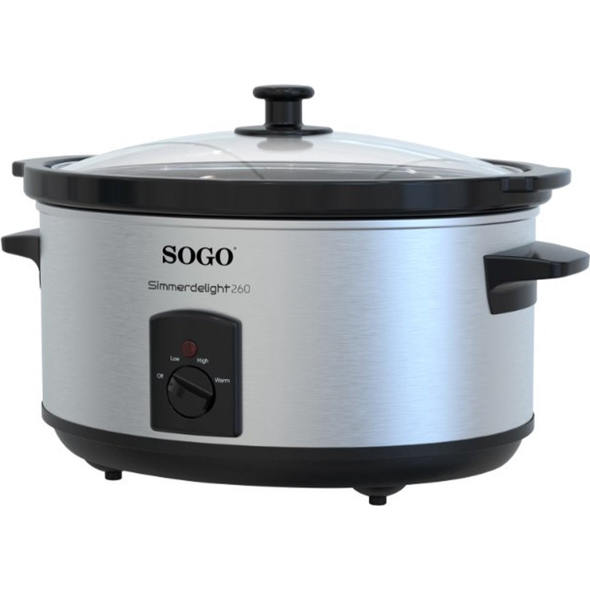 Silver slow cooker with glass lid, black accents, and control panel.