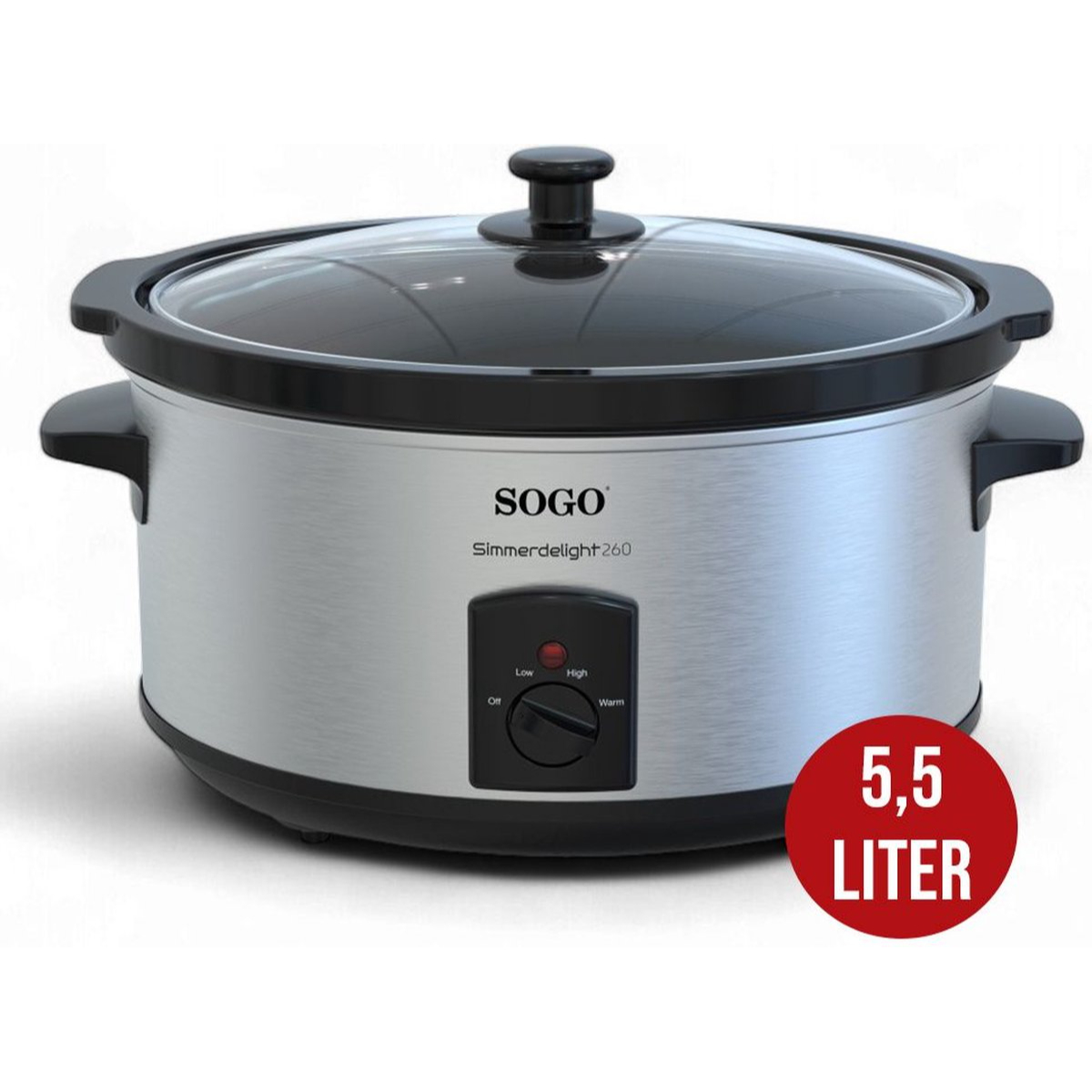 A silver slow cooker with a black lid, featuring a control panel with low, high, and warm settings.