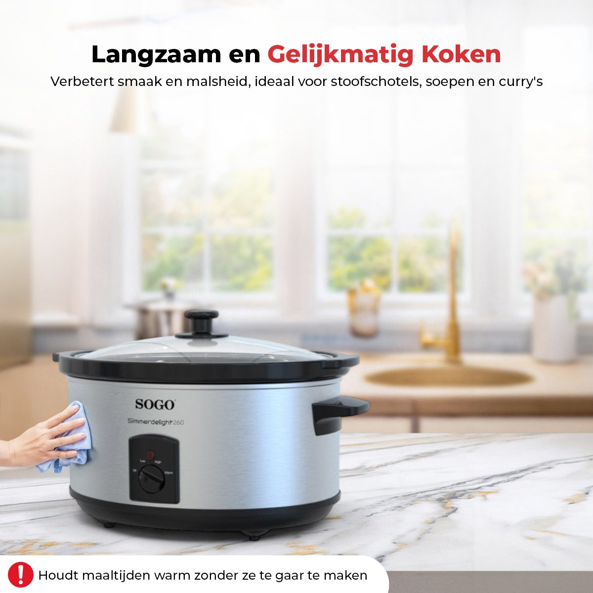 Slow cooker with a hand wiping a cloth, text about slow cooking, and a warning.
