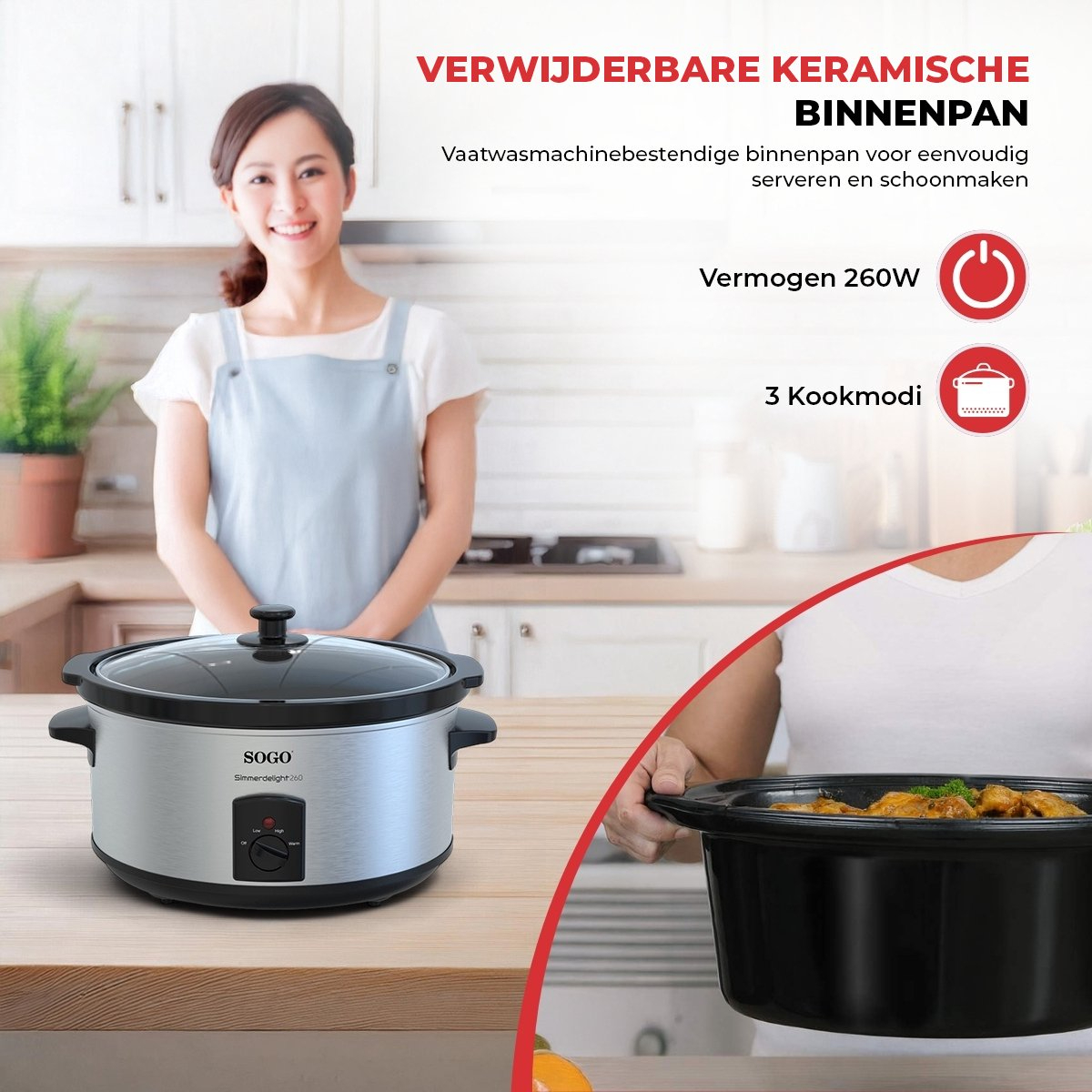 Woman and slow cooker on table. Text in Dutch. Woman wears a blue apron and smiles.